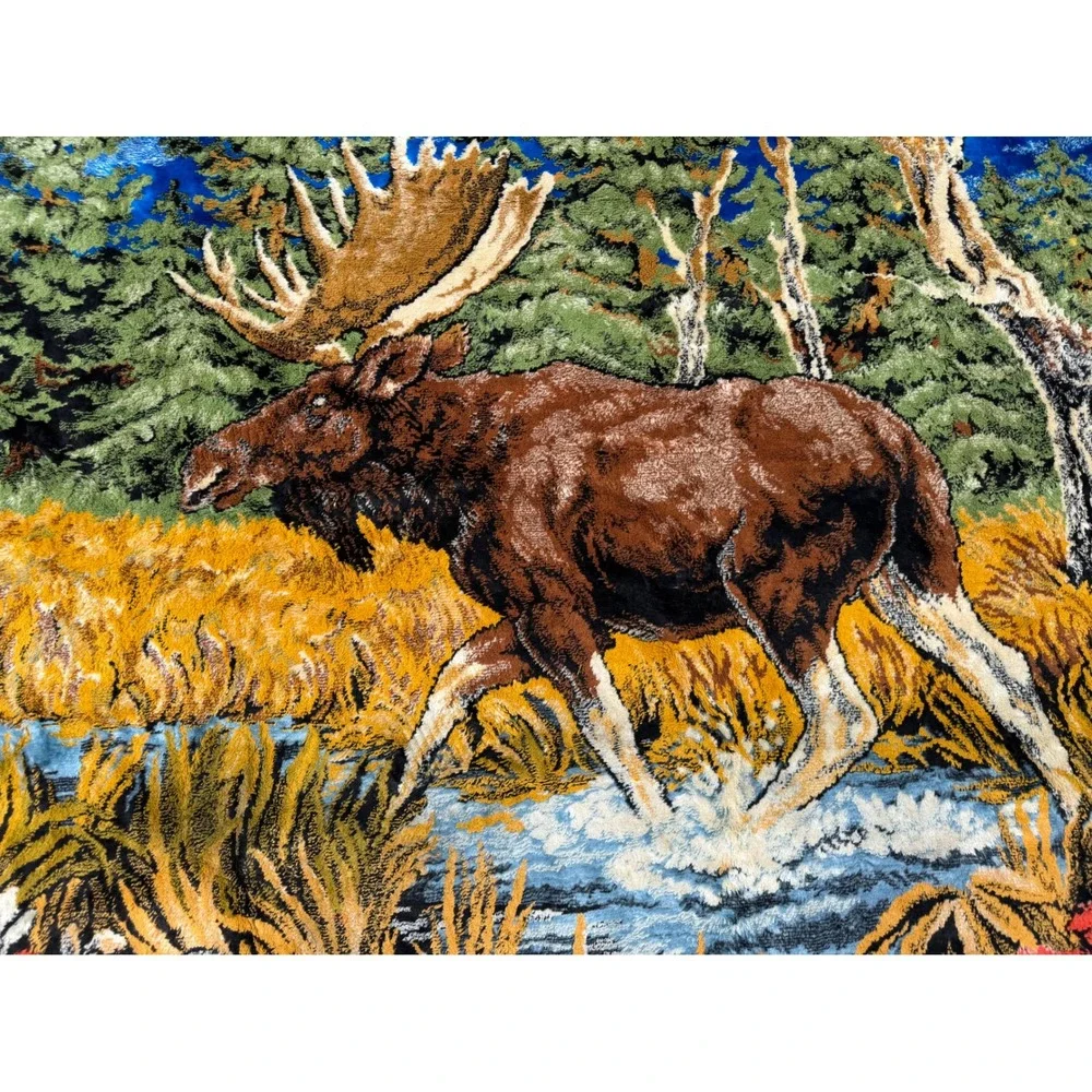 Vintage  Moose Tapestry Wall Hanging Scenic Wildlife Cabin Lodge Deco 68x47